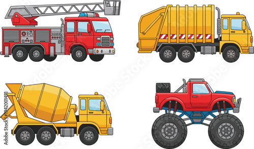 Cartoon heavy vehicle set including fire truck garbage truck cement mixer and monster truck vector illustration isolated on white background.