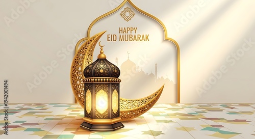 Wallpaper Mural Ornate Islamic lantern and crescent moon with mosque silhouette mubarak muslim celebration Torontodigital.ca