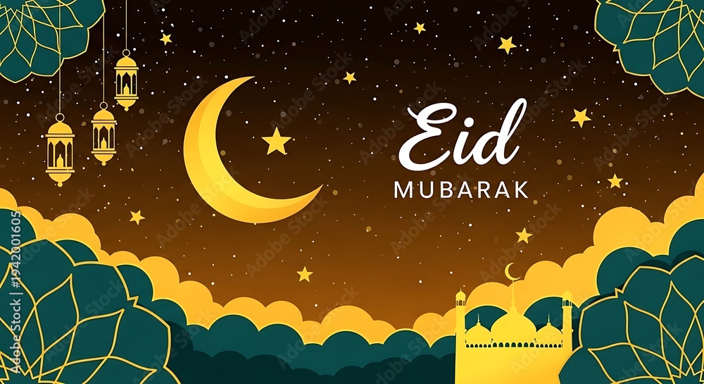 custom made wallpaper toronto digitalYellow crescent moon and mosque with Eid Mubarak text