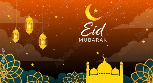 Wallpaper Mural Yellow Eid Mubarak mosque lanterns moon stars night sky clouds Torontodigital.ca