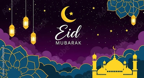 Wallpaper Mural Yellow mosque and lanterns under starry purple sky with floral patterns mubarak islamic Torontodigital.ca