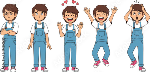 Cute boy character emotion set featuring angry sad happy excited and shocked facial expressions, child vector illustration isolated on white.