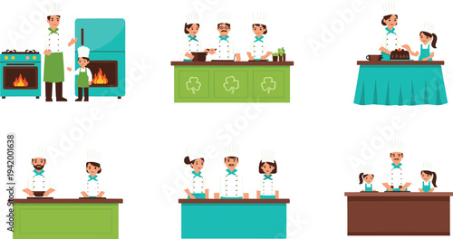 Professional chefs and students in culinary school kitchen vector set, men women and children cooking in restaurant uniforms isolated.