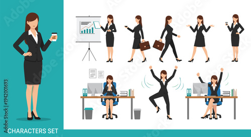 Businesswoman character set illustration, professional office worker poses, corporate female employee activities, presentation walking working success concept