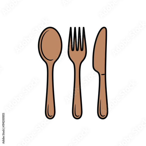 A set of wooden cutlery, including a spoon, fork, and knife, is presented against a white background.