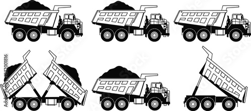 Dump truck illustration set, heavy construction vehicle artwork, unloading machinery vector drawing, earthmoving transport silhouette design concept