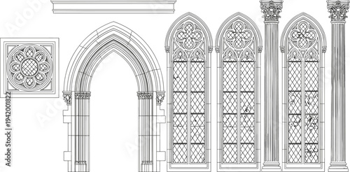 Gothic architecture illustration set, pointed arch rose window tracery artwork, medieval cathedral design vector drawing, classical column contrast concept