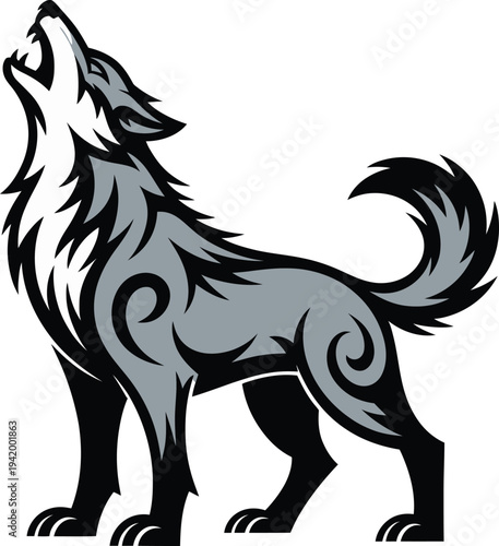 A black wolf vector illustration featuring a wild stallion silhouette running with a flowing mane and tail in a stylized gallop design