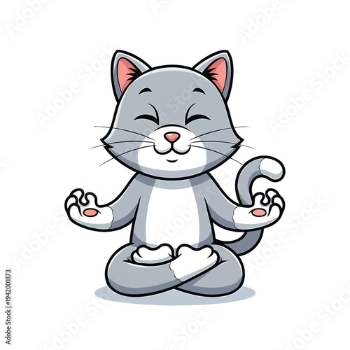 A serene cartoon cat meditates peacefully with closed eyes in a lotus position