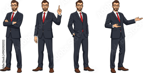 Confident businessman character poses, professional male manager in suit, corporate leader presentation gestures, business consultant standing, office professional illustration