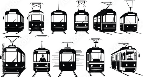 Tram streetcar illustration set, urban transport vehicle artwork, city railway vector drawing, public transportation silhouette design concept