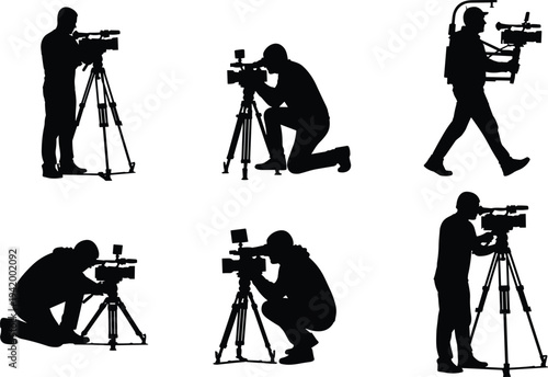 Video camera operator silhouettes illustration set, filming techniques artwork, tripod rig vector drawing, cinematography production design concept