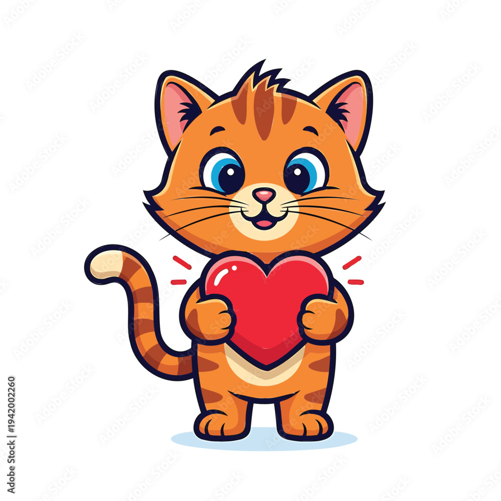 Obraz premium Adorable cartoon cat holding a red heart with joyful expression