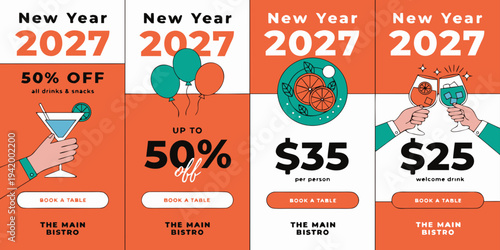 "New Year 2027 Bistro Deals – Festive Food & Drink Discounts, Special Offers, Per‑Person Pricing & Table Booking Event Banners"