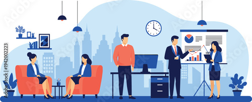 Corporate office meeting illustration, business team discussion and presentation, workplace collaboration, strategy planning, professional teamwork in modern office