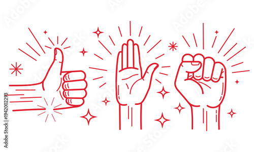 A set of hand gestures with thumbs up okay and stop signs in red lines