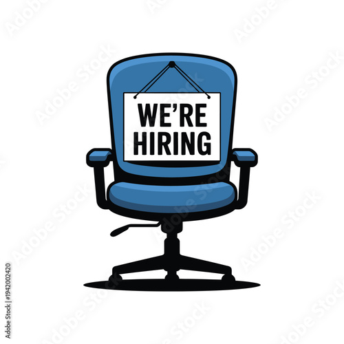 An office chair with a 'We're Hiring' sign hanging on it symbolizes job opportunities.