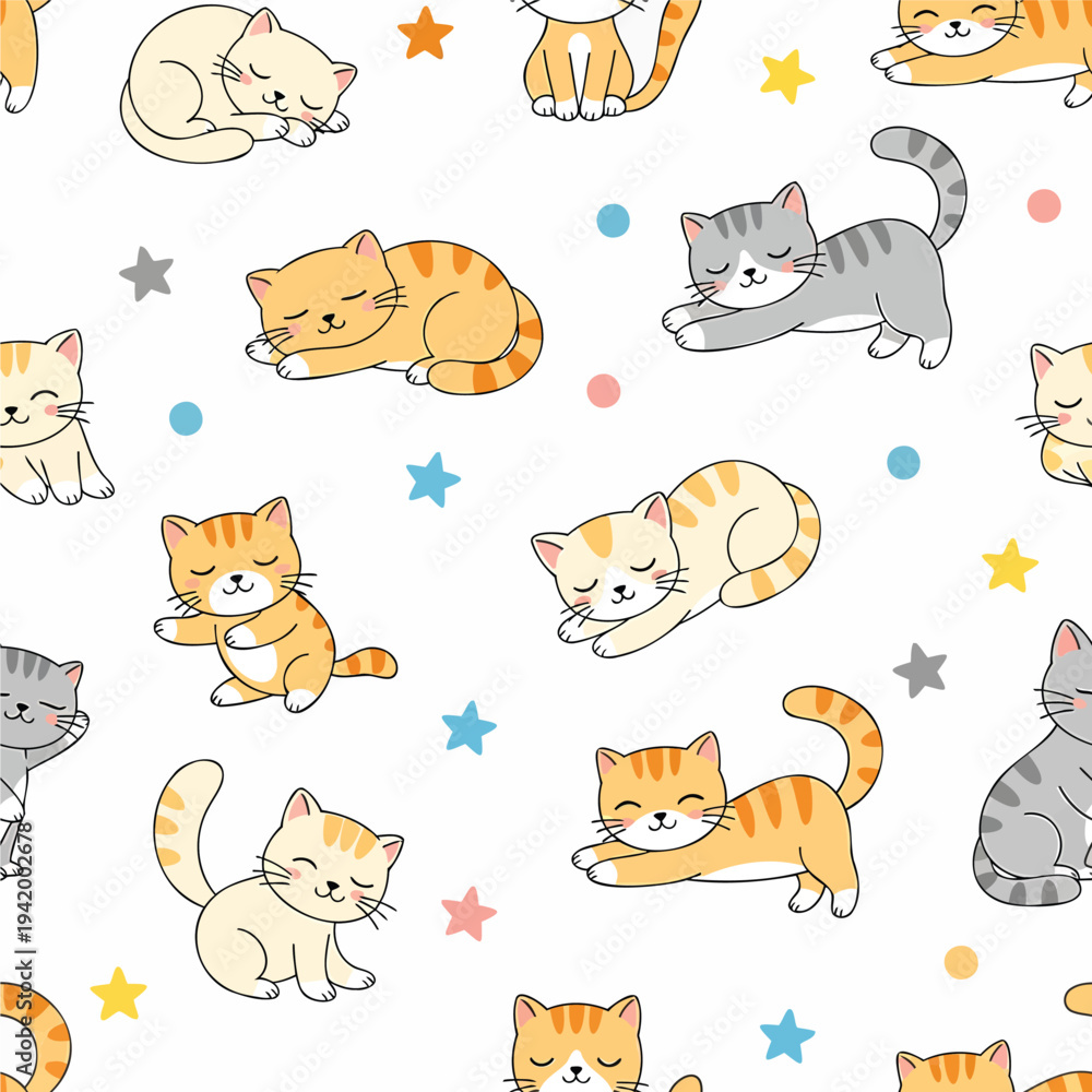 Fototapeta premium Cute cats sleeping and playing amidst colorful stars in a whimsical illustration