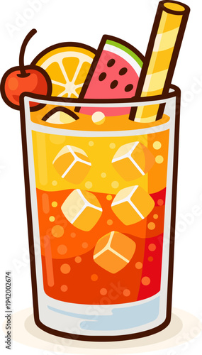 A fun and vibrant cocktail with ice cubes, fruits like watermelon and orange, and a cherry, complete with a straw. Perfect for summer, tropical themes, and playful beverage designs.
