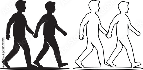 Minimalist black vector silhouette and line art icons of two men walking while holding hands, representing a gay couple, male friendship, and lgbtq pride in a simple flat design style.