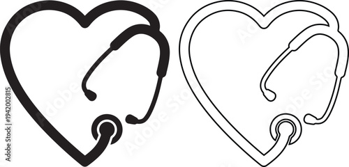 Minimalist black vector silhouette and line art icons of a medical stethoscope forming a heart shape, representing healthcare cardiology, doctor clinics, and nursing wellness.