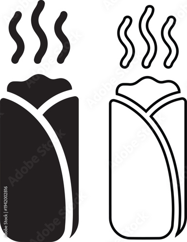 Minimalist black vector silhouette and line art icons of a hot steaming burrito wrap, representing delicious Mexican fastfood, fresh shawarma, and tasty restaurant meals.
