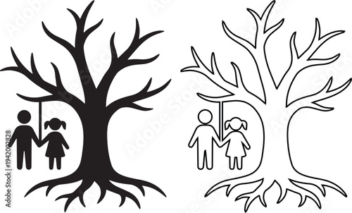 Minimalist black vector silhouette and line art icons of a bare tree with deep roots and two children holding hands, representing family genealogy, ancestry, and childhood heritage.