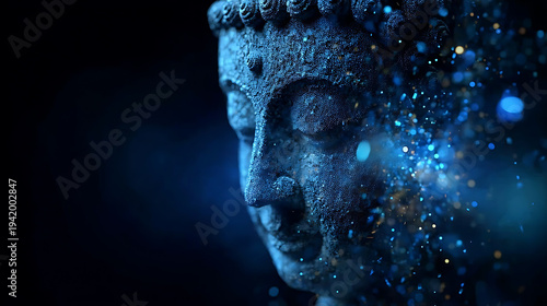 A serene Buddha sculpture, radiates tranquility with soft lighting and an artistic background