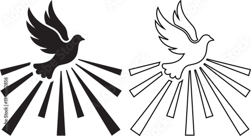 Minimalist black vector silhouette and line art icons of a flying dove with radiant light rays, representing the holy spirit, world peace, and religious christian faith.