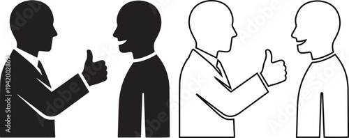 Minimalist black vector silhouette and line art icons of a businessman giving a thumbs up approval gesture to an employee, representing success, teamwork, and positive feedback.