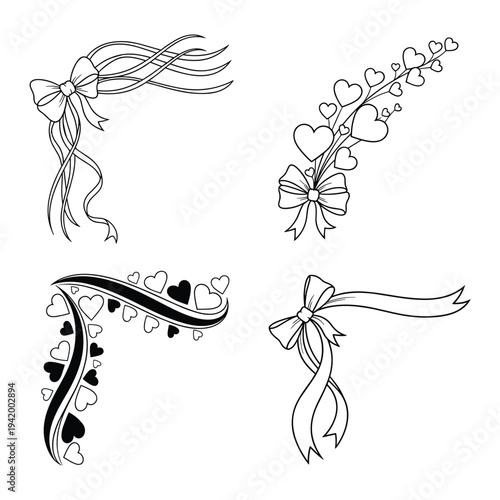 Black and white illustration featuring bows and hearts in decorative arrangements