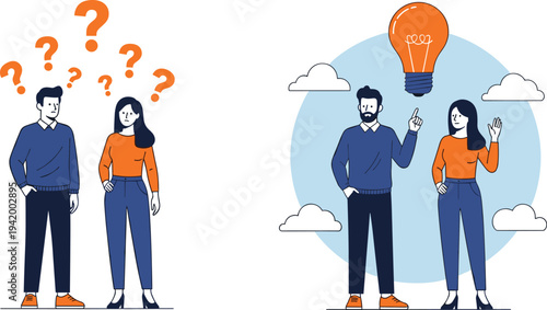Problem solving and idea concept illustration, confused people with question marks, creative solution thinking, teamwork innovation, brainstorming success