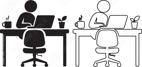 Minimalist black vector silhouette and line art icons of a person typing on a laptop computer at a home office desk with a chair, coffee cup, and potted plant for remote work.