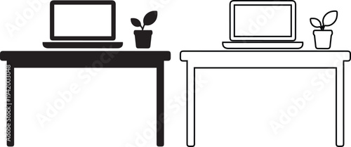 Minimalist black vector silhouette and line art icons of a simple home office workspace featuring a desk, open laptop computer, and a small potted plant for remote work.