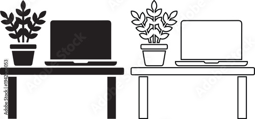 Minimalist black vector silhouette and line art icons of a modern home office workspace featuring a desk, laptop computer, and potted plant for remote work and freelance study designs.