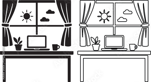 Minimalist black vector silhouette and line art icons of a cozy home office workspace featuring a desk, laptop, plant, and coffee cup next to a sunny window, ideal for remote work concepts.