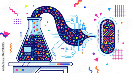 Abstract Scientific Process: Chemical Synthesis and Precision Sorting Isolated on Transparent Background