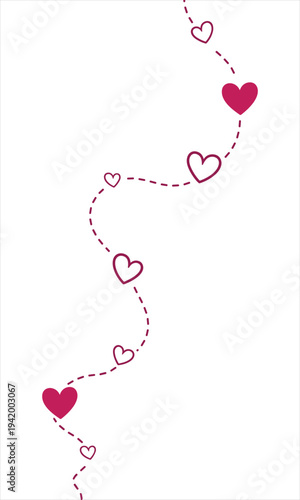 A dotted line adorned with scattered pink hearts against a white background