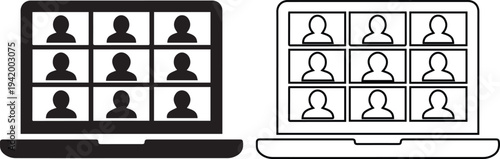 Minimalist black vector silhouette and line art icons of a laptop screen displaying a nine-person video conference call grid, representing virtual online team meetings and remote work.