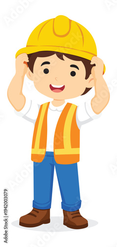 Construction Worker Kid Wearing Safety Helmet Learning Profession