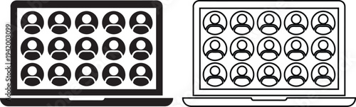 Minimalist black vector silhouette and line art icons of a laptop computer screen displaying a large virtual video conference meeting and online remote audience.