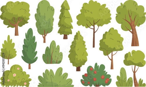 A delightful assortment of cartoon trees and bushes depicting various shapes and shades of green foliage