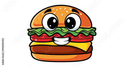 Cartoon hamburger with smiling face.