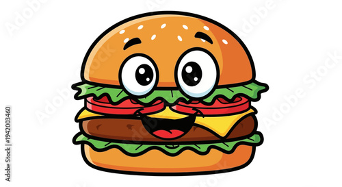 Smiling cartoon hamburger with eyes.