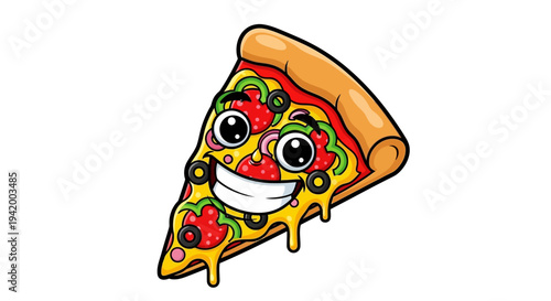 Smiling cartoon pizza slice with cheese.