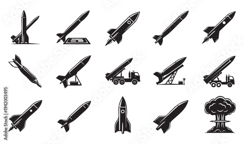 Rocket missile launch silhouette icon set. Military weapon defense vector collection
