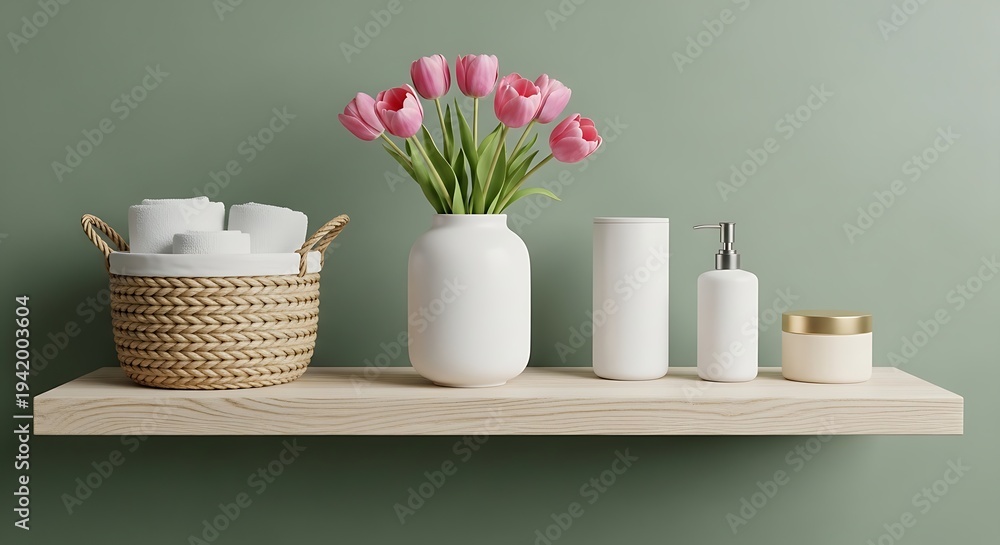 Fototapeta premium Bathroom shelf with wicker basket toilet paper rolls pink tulips vase white accessories