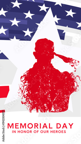 Memorial day card, vector illustration with saluting soldier and american flag