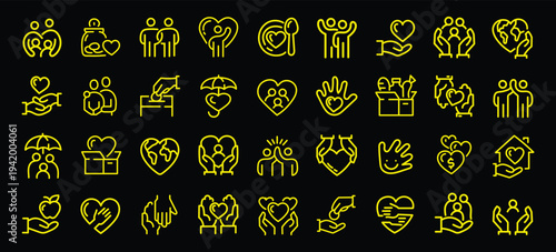 Charity human care outline icons pack. Line signs volunteering and social help, support kindness or friendly relations. Thin vector icons set perfect for web app infographic business social projects.