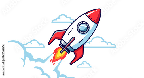 Cartoon Rocket Ship Flying High.